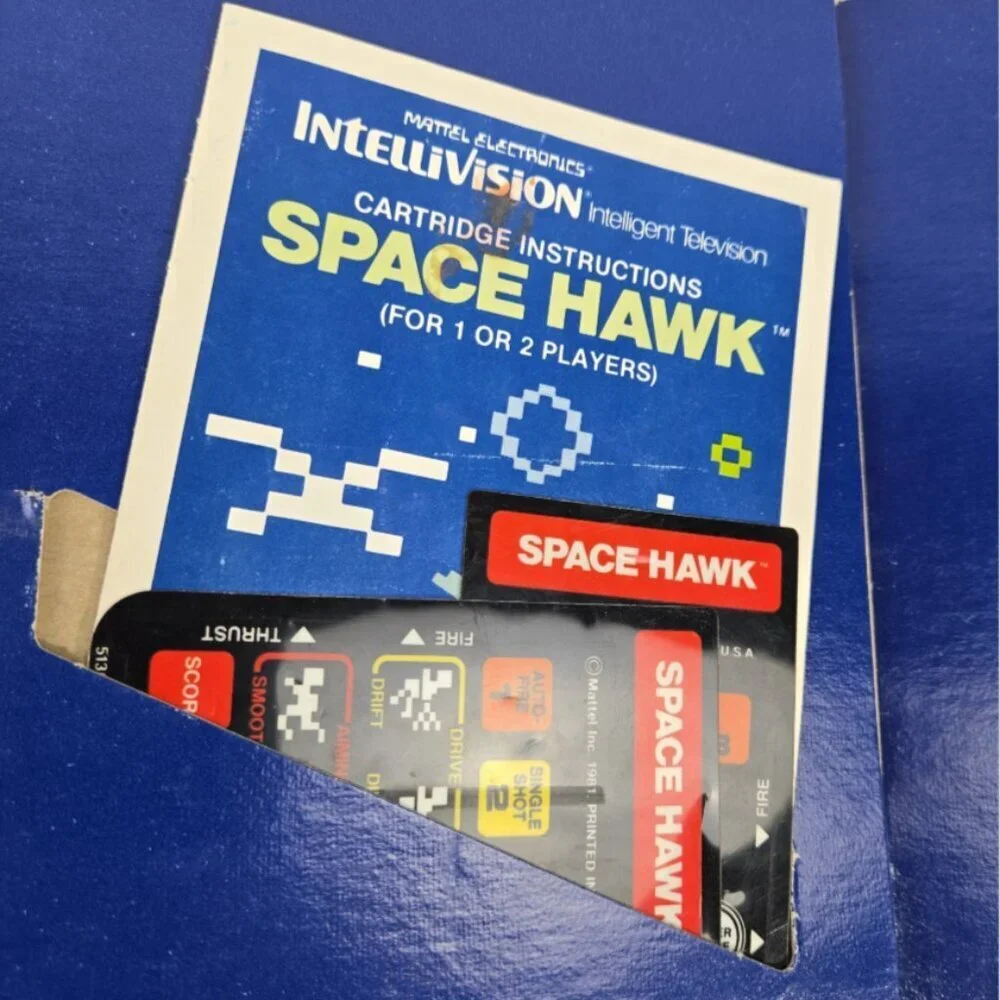Space Hawk, Intellivision, Mattel 1981 Complete box overlays manual vintage Exc